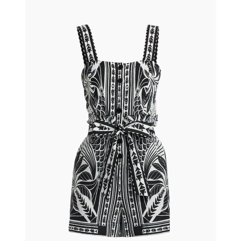 FARM RIO Monochrome Elegance Scarf Romper Linen Blend Black/White Large. NWOT